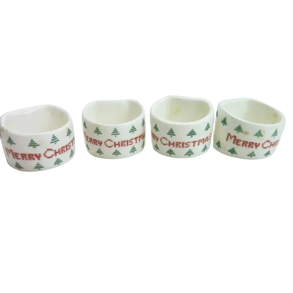 Vintage Ceramic Christmas Tree Napkin Ring Holders White Green Set of 4 Vtg